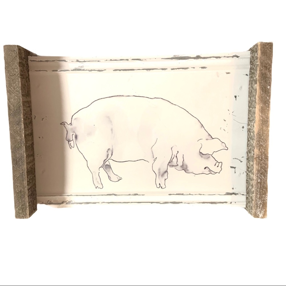 Spring Shop White Metal Pig Graphic w/Wood Frame